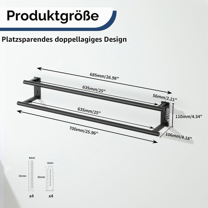 70 cm Doppelter Handtuchständer,Gebürstet Handtuchhalter Wand,Handtuchhalter Schwarz aus Edelstahl S