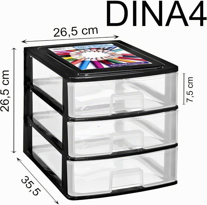 Hummelladen Schubladenbox DIN A4 mit 3 Schubladen 35,5x26,5x26,5 cm - schwarz-transparent Kunststoff