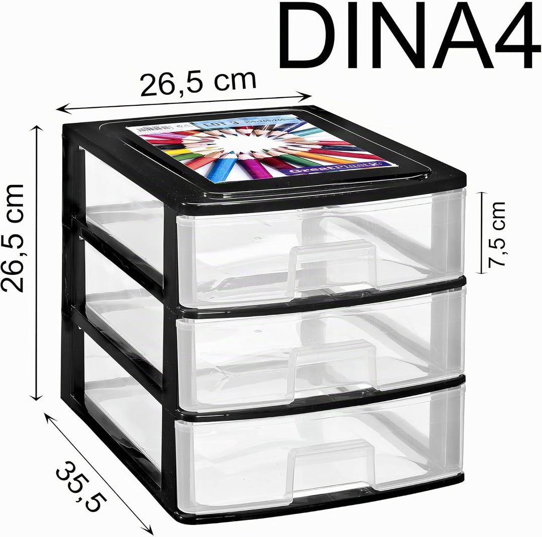 Hummelladen Schubladenbox DIN A4 mit 3 Schubladen 35,5x26,5x26,5 cm - Weiss-transparent Kunststoff D