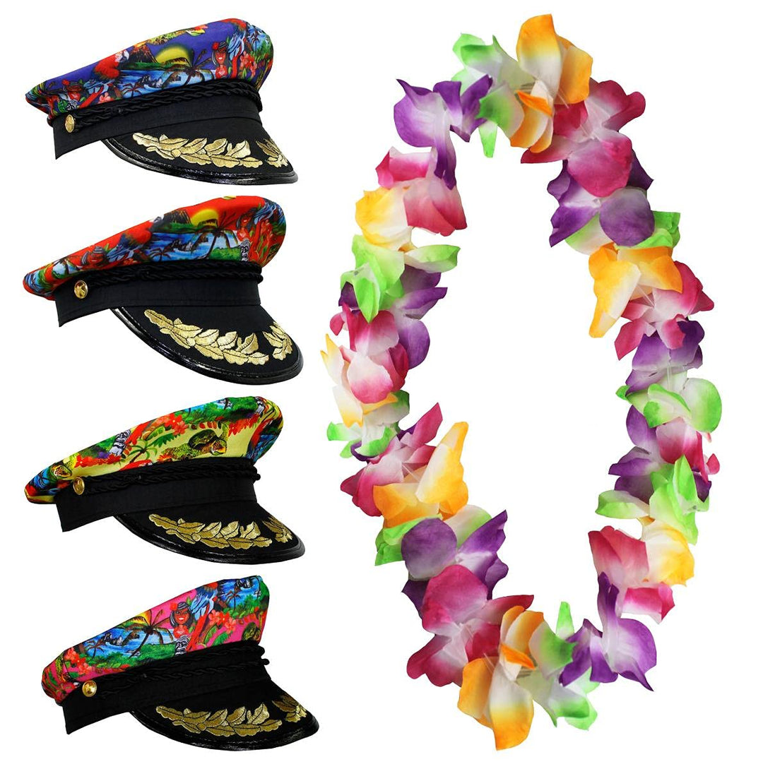 Sailor Mütze Hawaiian Look + mehrfarbig Blume Lei Blumenkette Fancy Kleid Hula Set Captain Boot Part