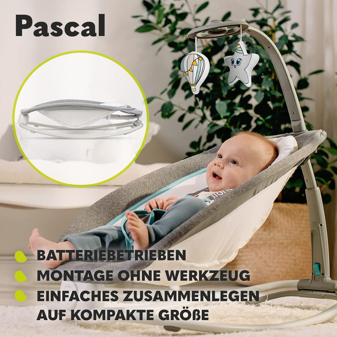 LIONELO Pascal Baby Wippe, sanfte Vibrationen, 5 Melodien, Spielzeugkarussell mit interaktiven Plüsc