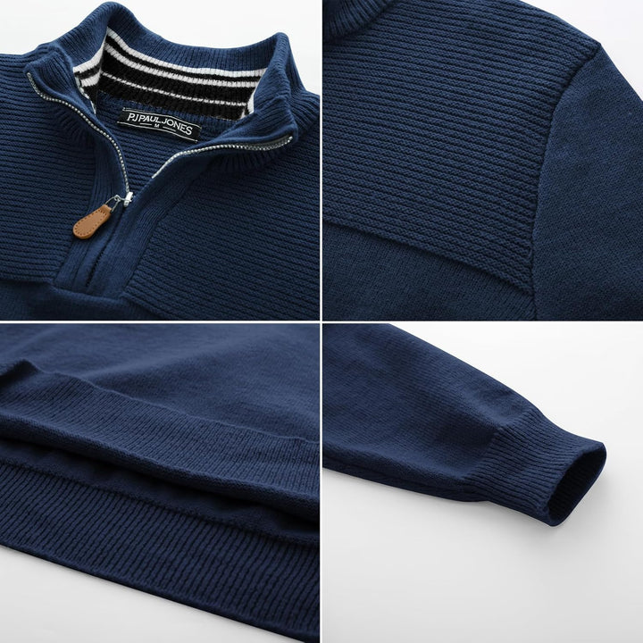 PaulJones Herren Half Zip Pullover Turtleneck mit V-Ausschnitt Langarm und Stehkragen S Dunkelblau,