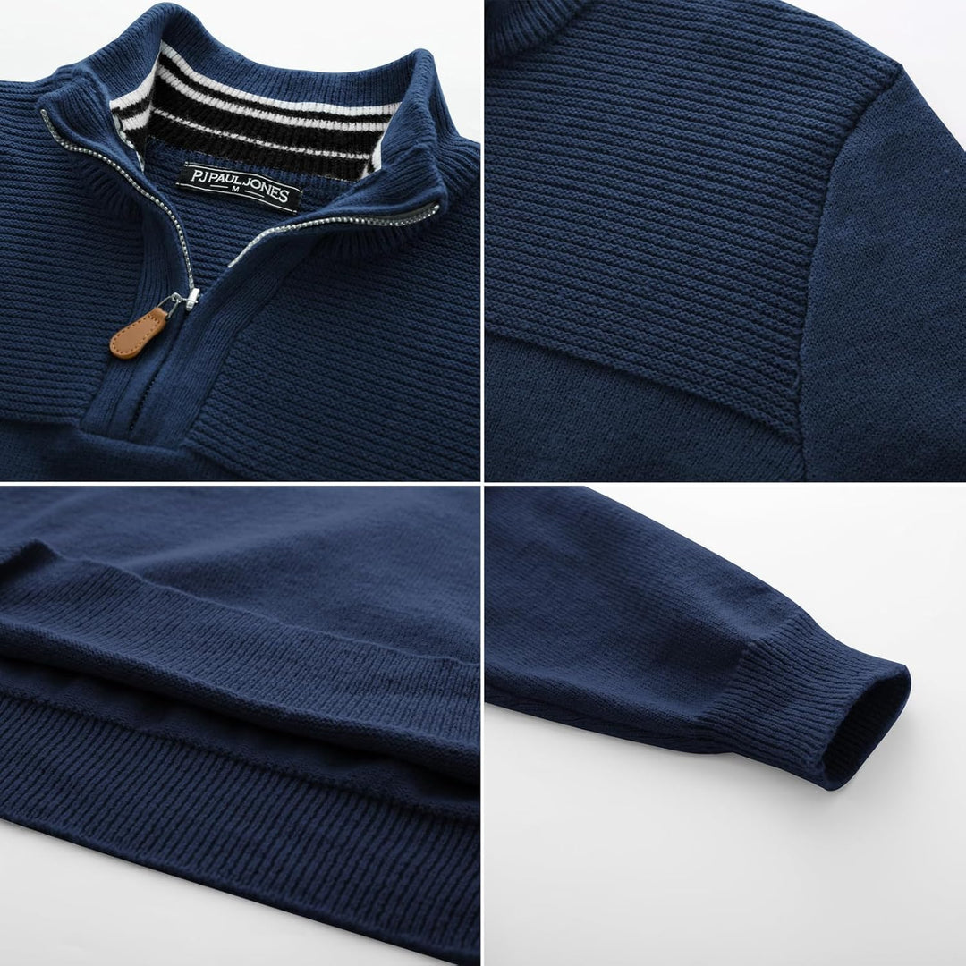 PaulJones Herren Half Zip Pullover Turtleneck mit V-Ausschnitt Langarm und Stehkragen S Dunkelblau,