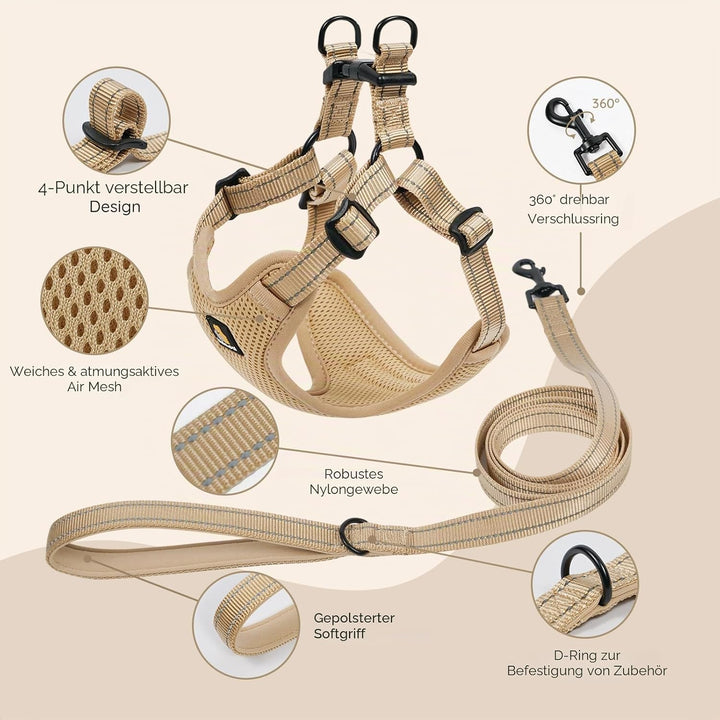 BELLA & PAL Hundegeschirr und Leine Set, Step-in Design mit atmungsaktivem Air-Mesh, reflektierenden