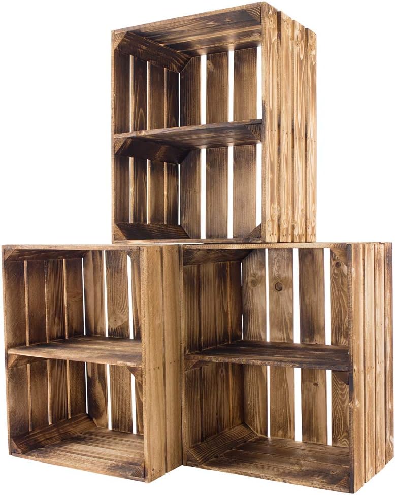 Sparset Obstkisten mit Zwischenbrett – geflammt – Holzkisten als Schuhregal 50x30x40cm Weinkisten Ho