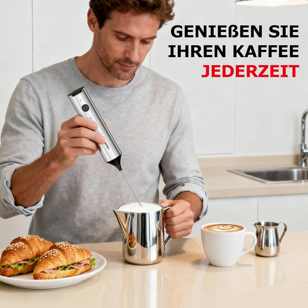 Bonsenkitchen Wiederaufladbarer Handmilchaufschäumer mit Ständer, 3-Geschwindigkeiten elektrischer M