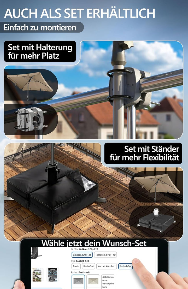 Menz Balkonschirm mit Kurbel, Sonnenschirm rechteckig 200x125 cm, Sonnenschirm Balkon, UV 50+ Sonnen