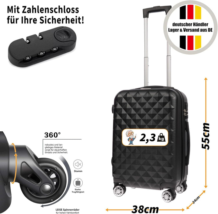 Christian Wippermann Handgepäck, 4 Rollen, Schwarz mit Linienmuster, Koffer, Trolley, Leicht, Bordge
