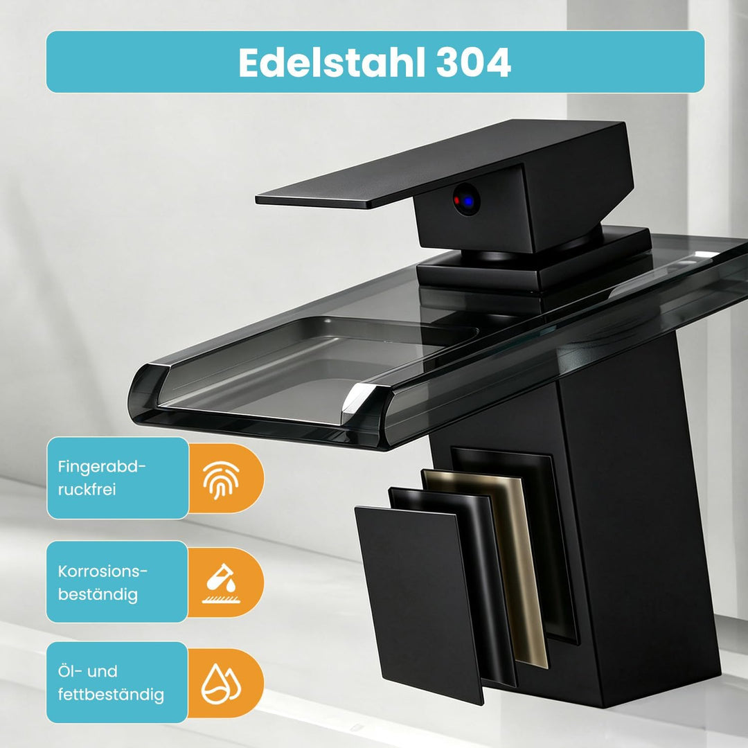 Wasserhahn Bad,Wasserfall Armatur Badezimmer Glas,Schwarz Schwarz Xs, Schwarz Xs