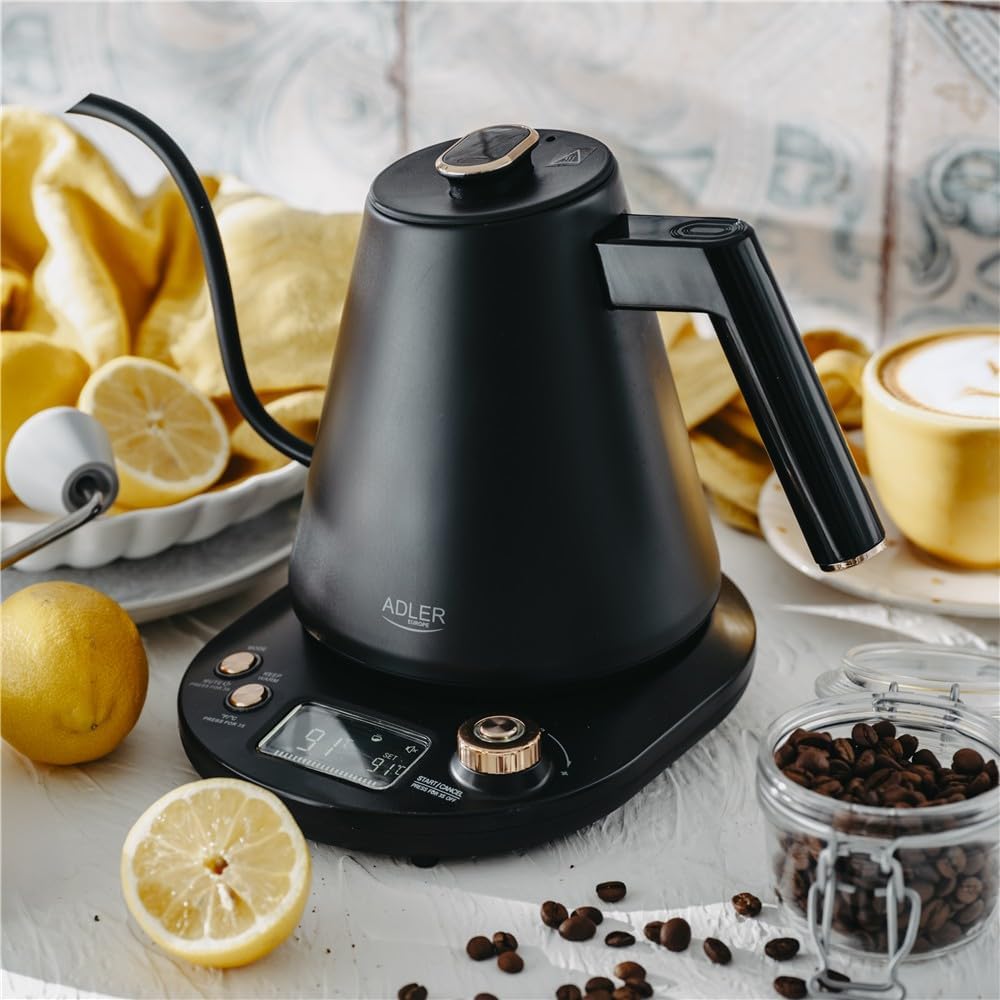 ADLER EUROPE AD 1349 Wasserkocher 1L – Schwarz-Gold, LED-Temperaturanzeige, 900W, Temperaturregulier