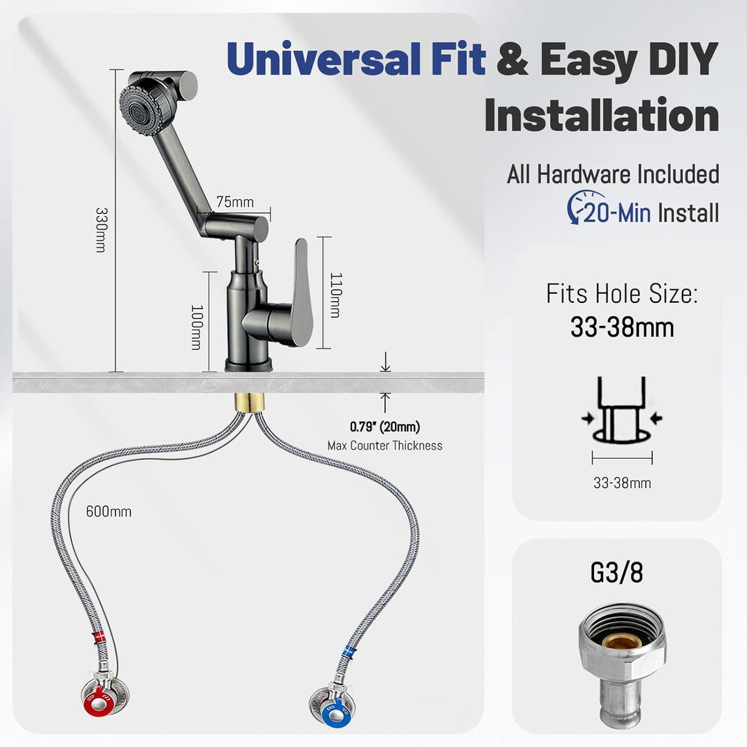 Vorfenster Küchenarmatur Klappbar, Spülarmatur mit 2 Strahlarten Faucet, 1080° Flexibler Mischbatter