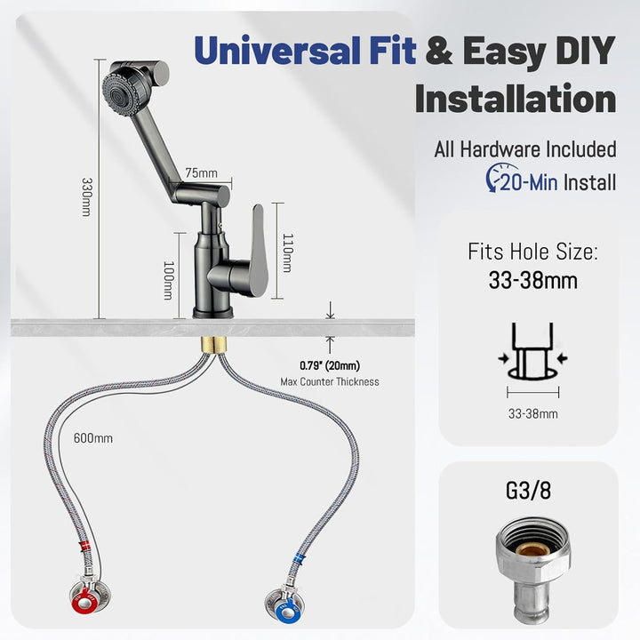 Vorfenster Küchenarmatur Klappbar, Spülarmatur mit 2 Strahlarten Faucet, 1080° Flexibler Mischbatter