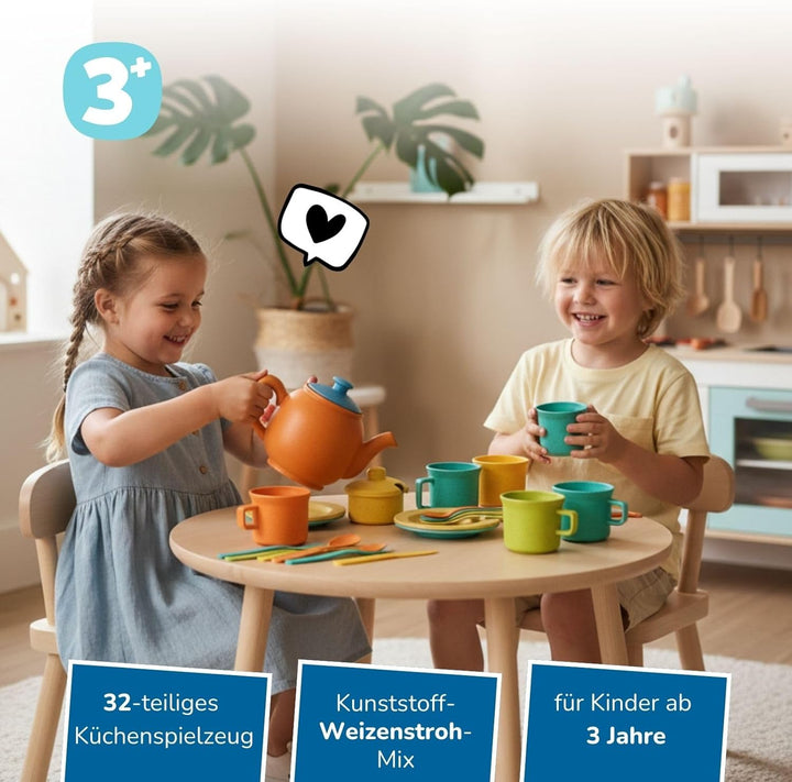 alldoro 68723 Kinderküchen Teeservice mit Besteck, 32 tlg. Set aus nachhaltigem Kunststoff-Weizenstr