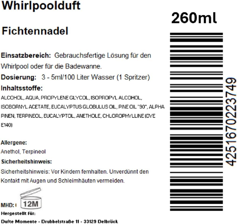 Dufte Momente | Whirlpool Duft 260ml | Fichtennadel | mit naturreinen und natürlichen ätherischen Öl