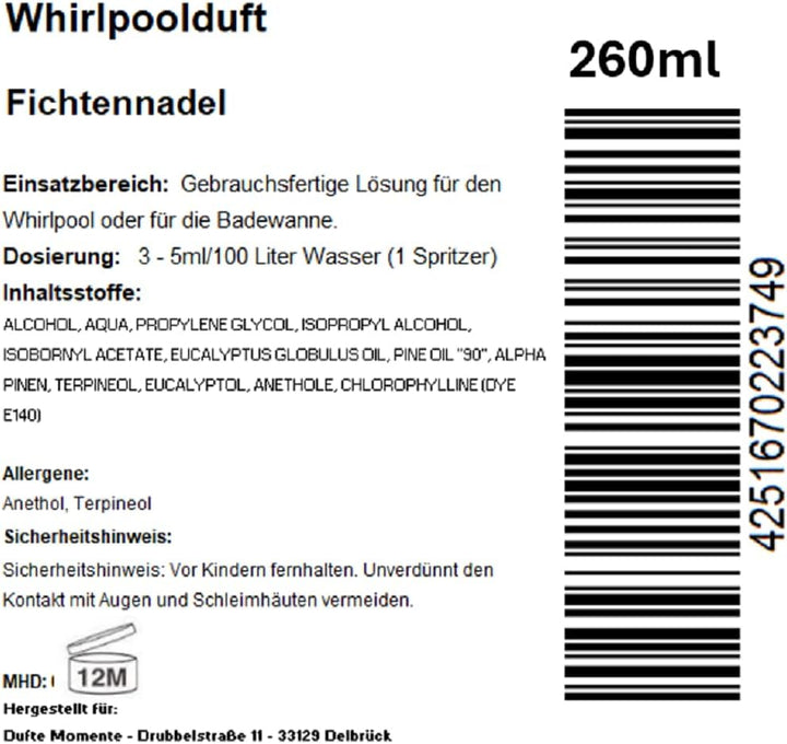 Dufte Momente | Whirlpool Duft 260ml | Fichtennadel | mit naturreinen und natürlichen ätherischen Öl