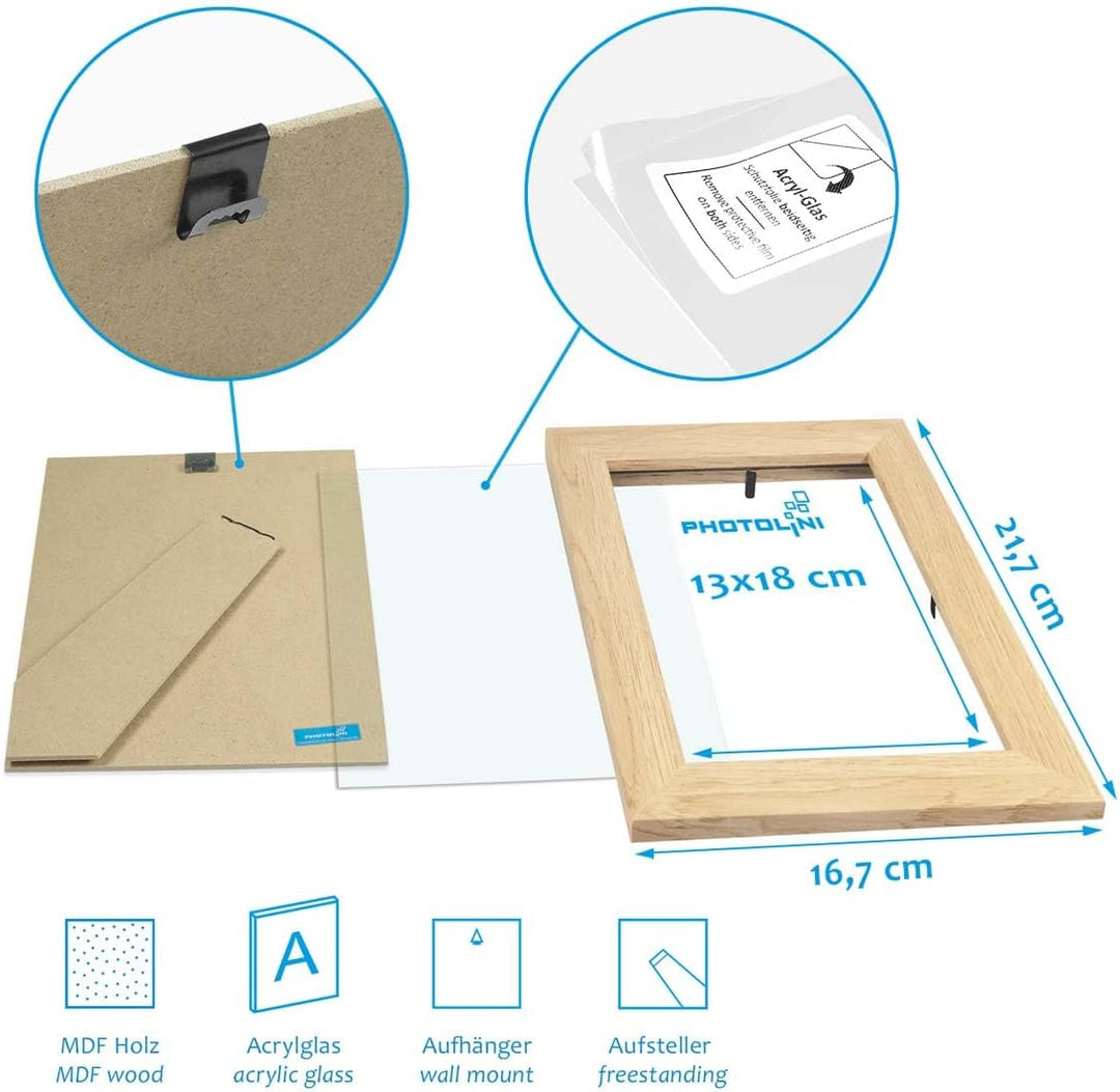 PHOTOLINI Bilderrahmen 13x18 Set Holz MDF Natur, 10er Set breite Bilderrahmen 18x13, Fotorahmen 13 x