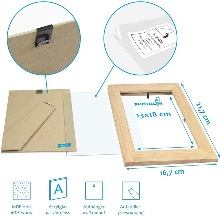 PHOTOLINI Bilderrahmen 13x18 Set Holz MDF Natur, 10er Set breite Bilderrahmen 18x13, Fotorahmen 13 x