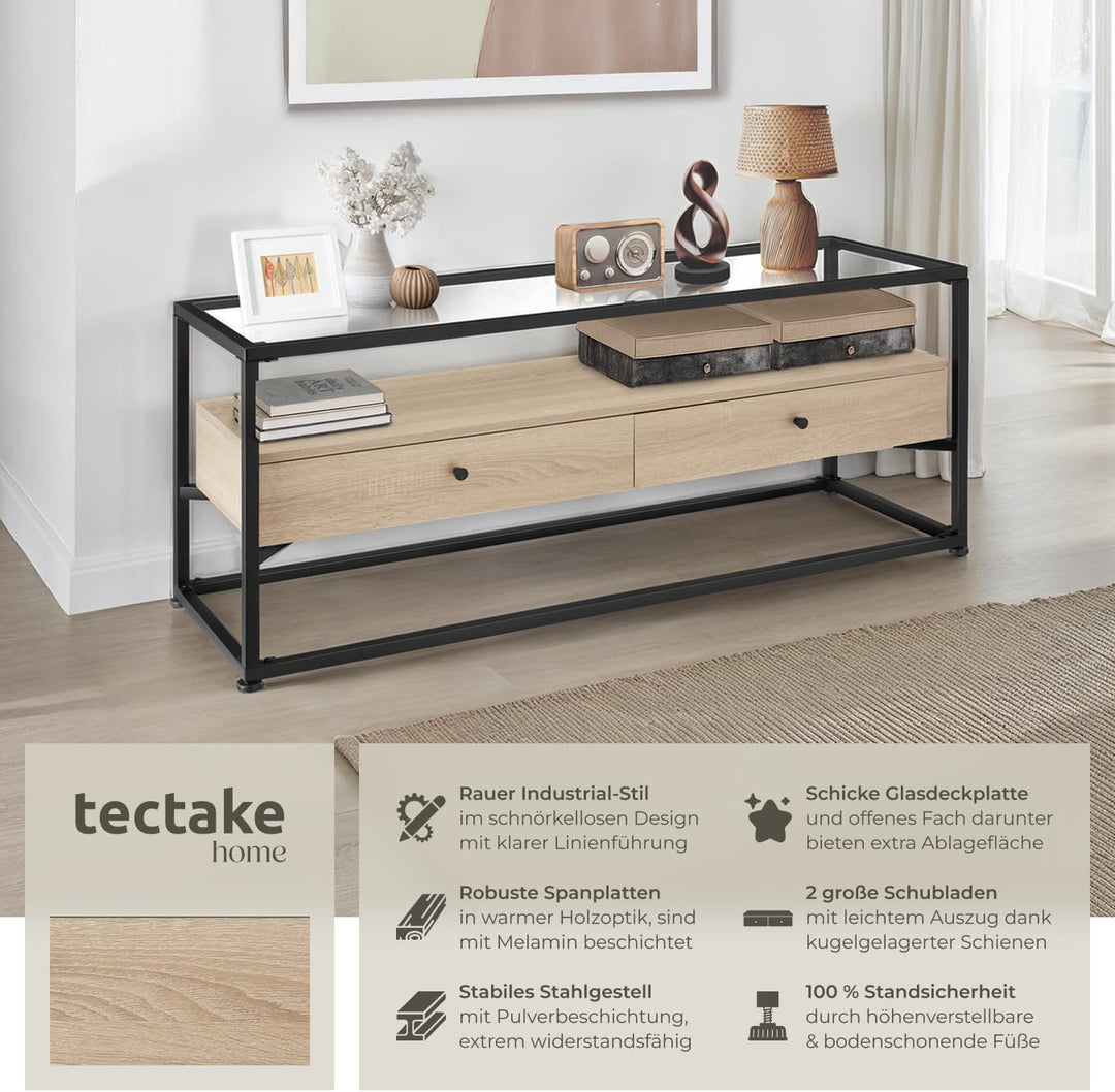 tectake® Lowboard mit 2 Schubladen und Ablagen, 121,5 x 41,5 x 50,5 cm, Fernsehtisch mit Glasplatte,