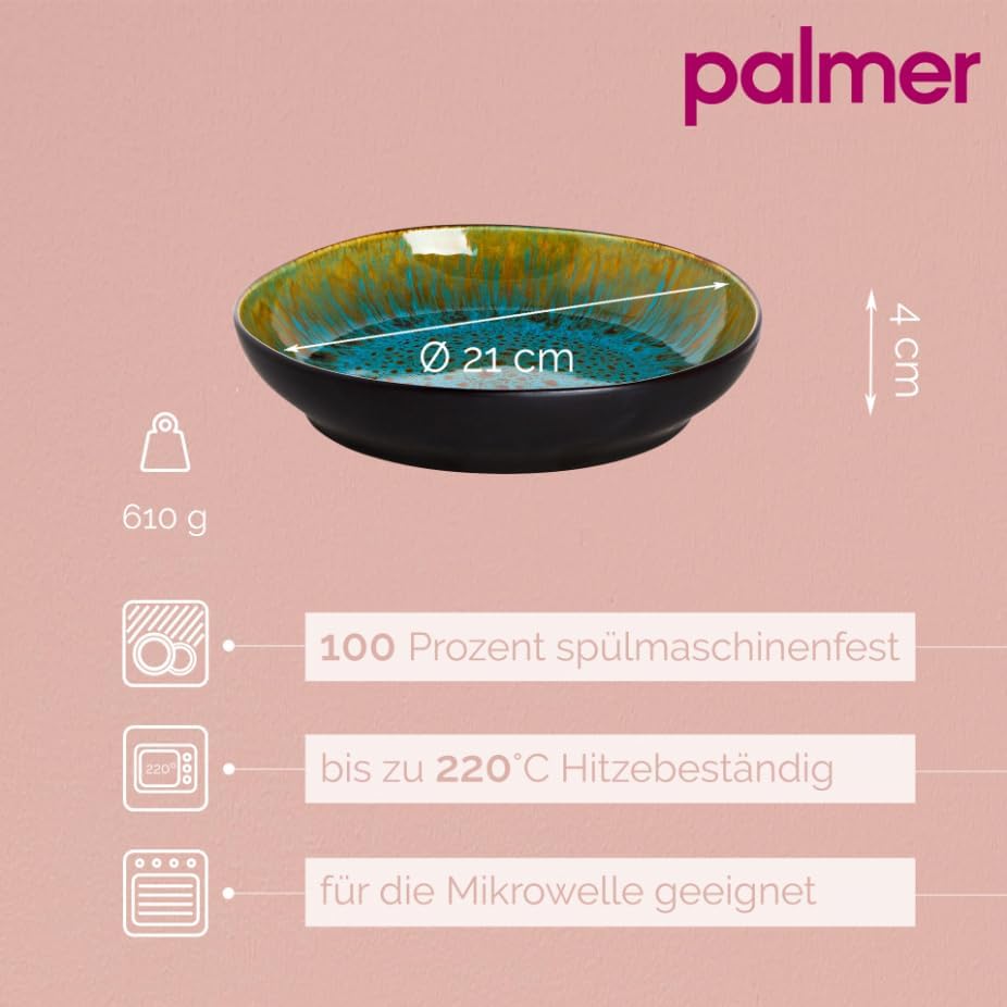 palmer Lotus grosse tiefe Teller - 2er-Set - Steinzeug - Ø 21 cm - türkis blau, aussen dunkelbraun -