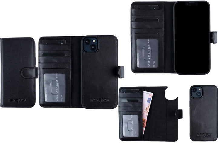 HANS/SON Echtlederhülle für iPhone 14 Plus | 6,7 Zoll | 2 in 1 Ledercase mit Kartenfächern | Schwarz