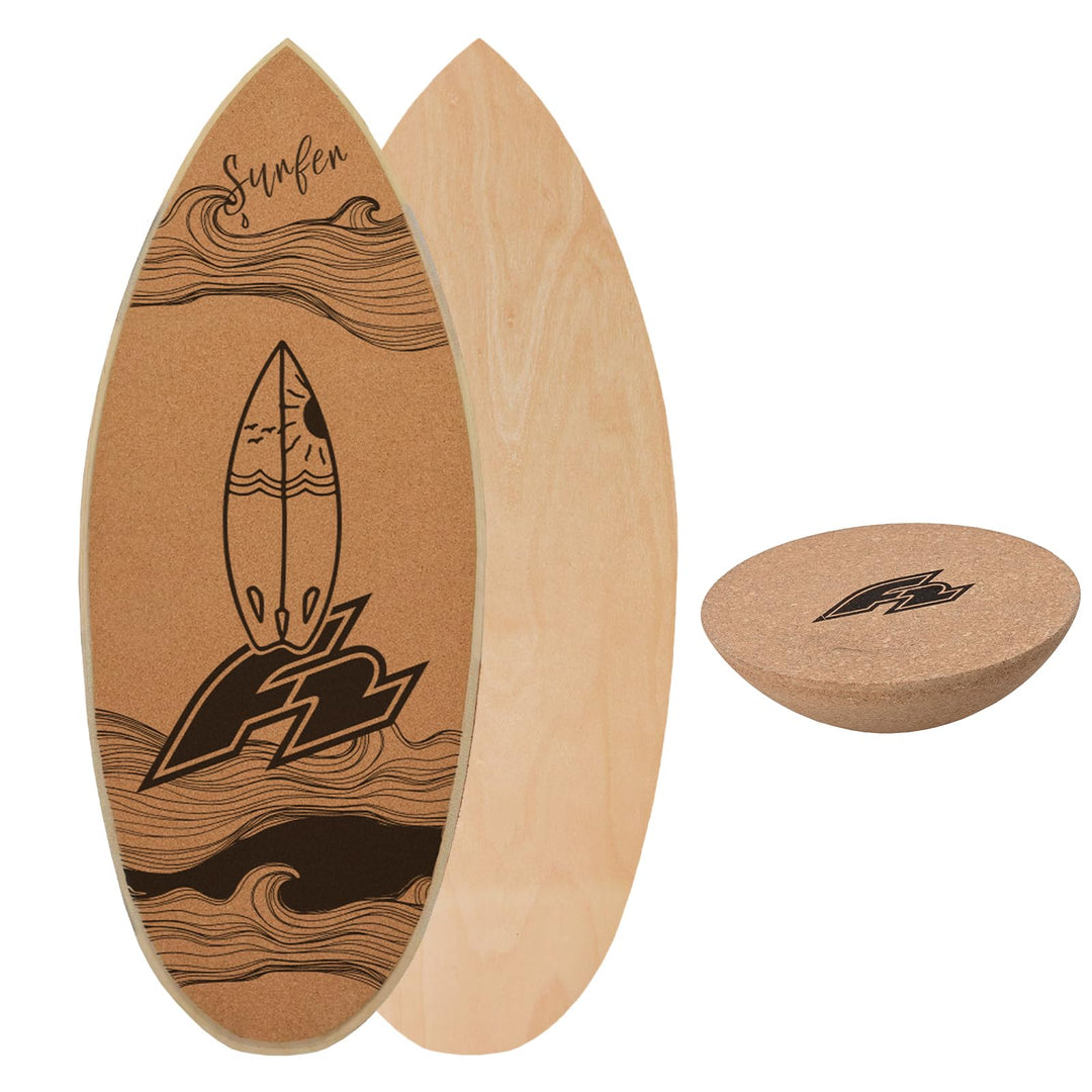 F2 Set Kork Balance Board Flat Shape + Halbkugel Modell wählbar Surf 84x31cm + Halbkugel, Surf 84x31