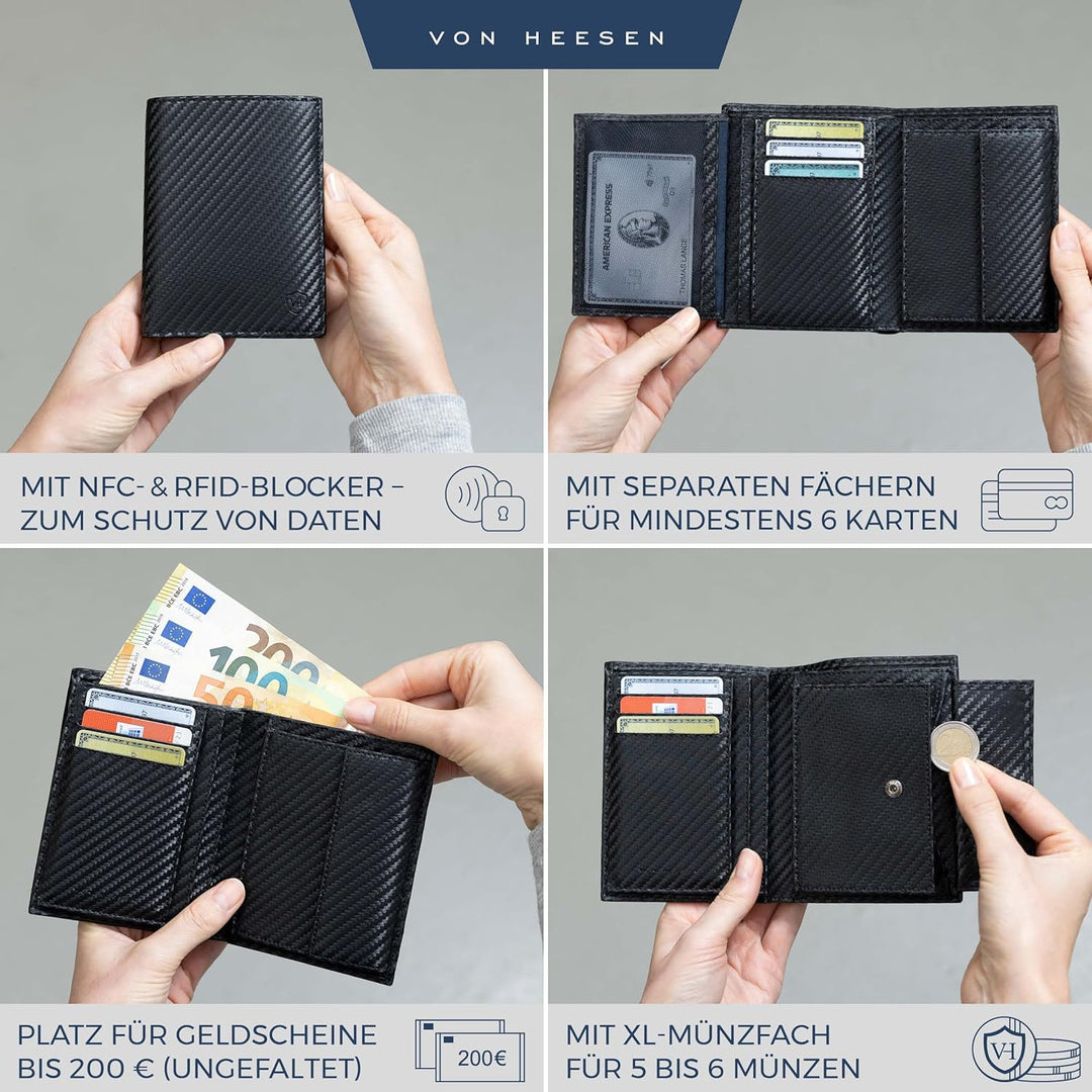 VON HEESEN® Geldbörse Herren & Damen (Carbon-Schwarz, MIT MÜNZFACH) Schwarz Carbon MIT XL MÜNZFACH,