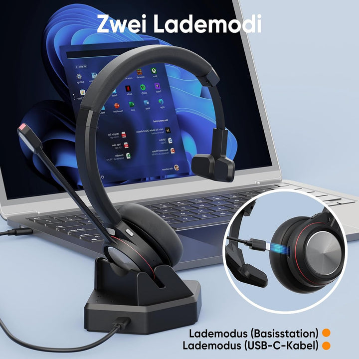 Bluetooth Headset mit Mikrofon, Wireless Headset mit USB Dongle Ladestation, Noise Cancelling Mikrof