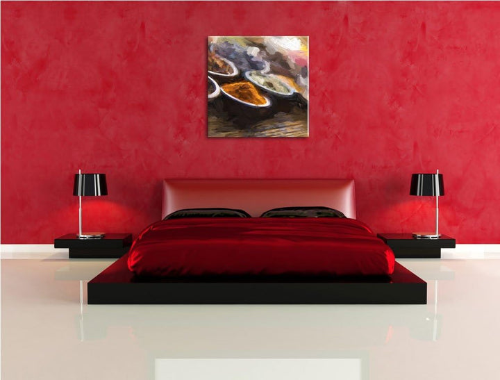 Pixxprint Gewürzvielfalt auf Holztisch als Leinwandbild/Grösse: 70x70 cm/Wandbild/Kunstdruck/fertig