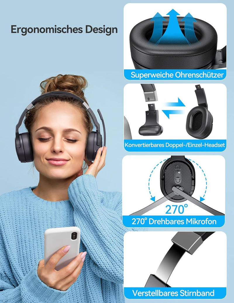 TECKNET Bluetooth Headset mit Mikrofon, USB Dongle Noise Cancelling Single und Dual Ear Headset Kabe