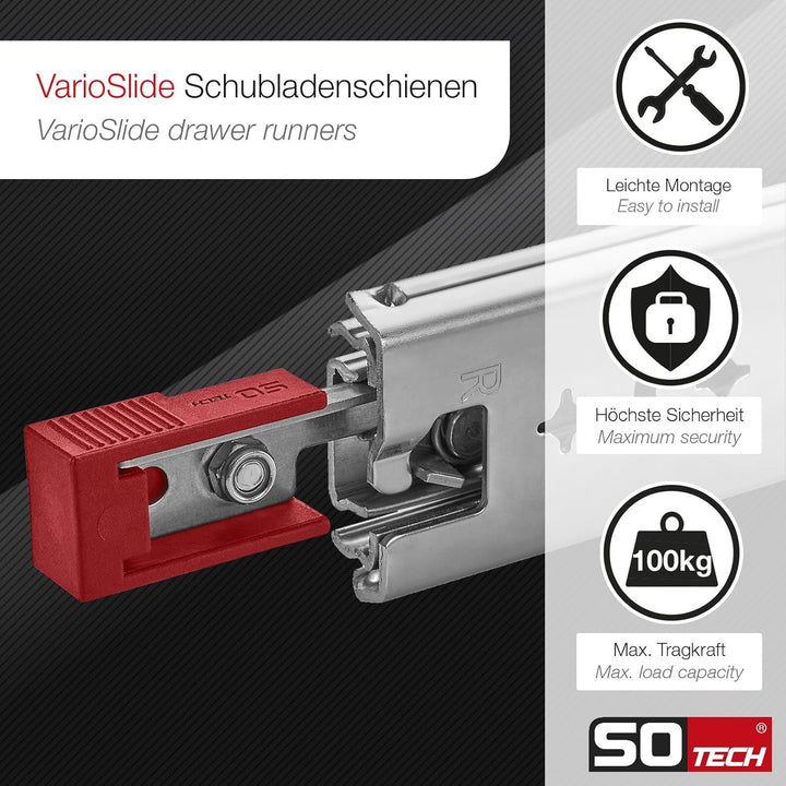 1 Paar SOTECH Schwerlastauszüge VarioSlide KV2-100-H53-L350-EH 350 mm mit Lock-in/out Einrastfunktio