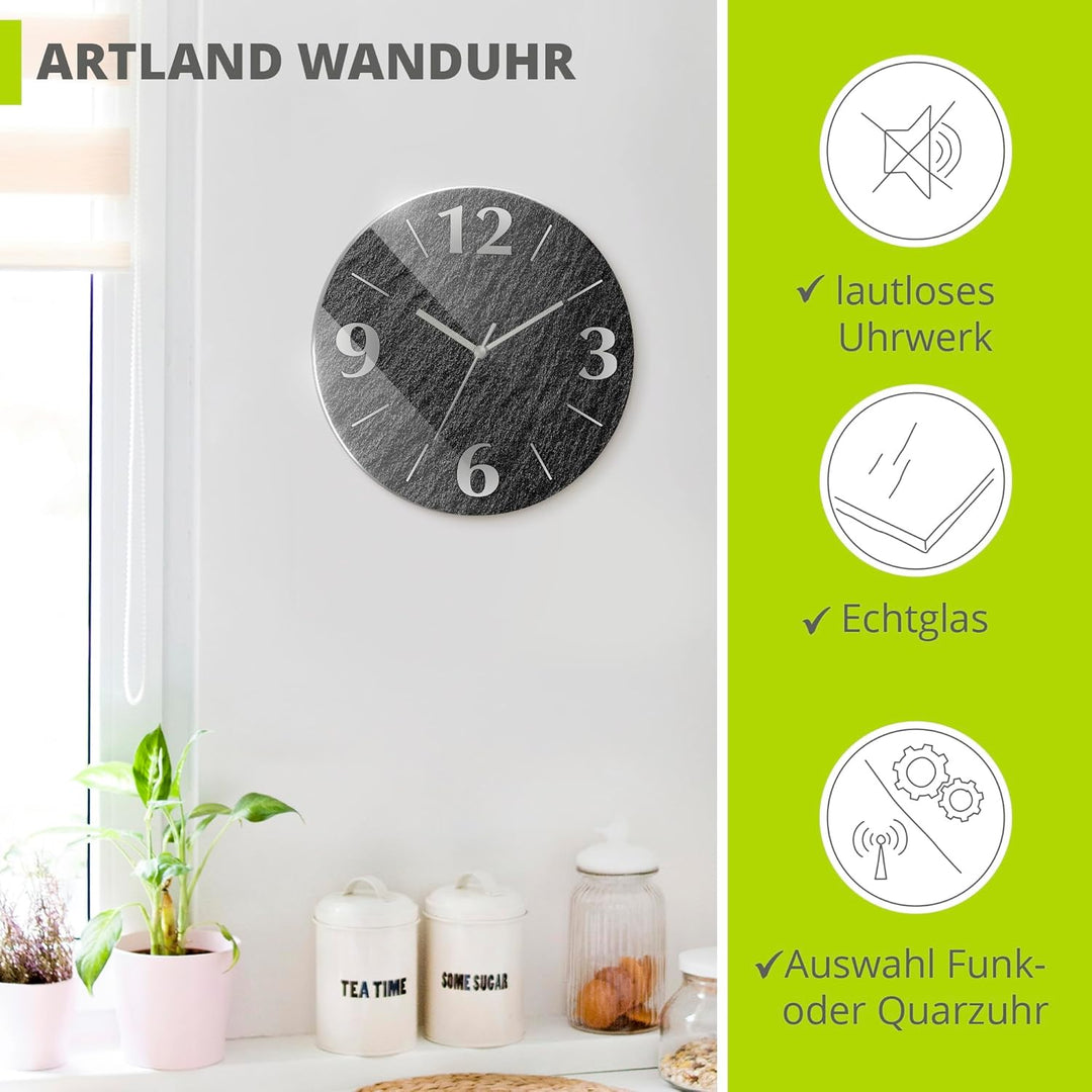ARTLAND Wanduhr ohne Tickgeräusche aus Glas Funkuhr Ø 30 cm Rund Lautlos Ø 30 cm Schieferoptik U1RE