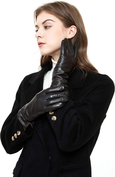 ZLUXURQ Damen Weiche Echte Lammfell Leder Touchscreen Winter Fahrhandschuhe Kaschmir gefüttert, Brau