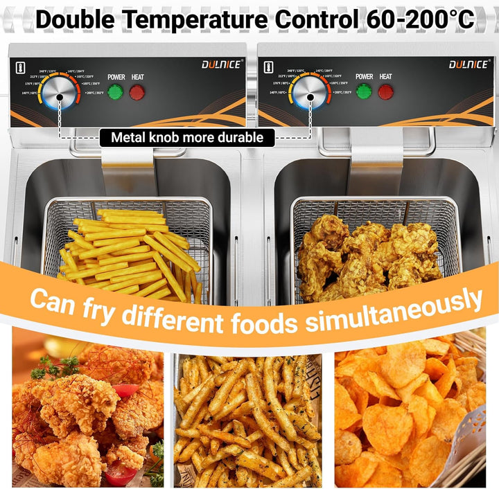 16L Doppelfriteuse Gastro, 2x3000W Edelstahl Elektrische Friteuse Temperaturbereich 60°C-200°C für G