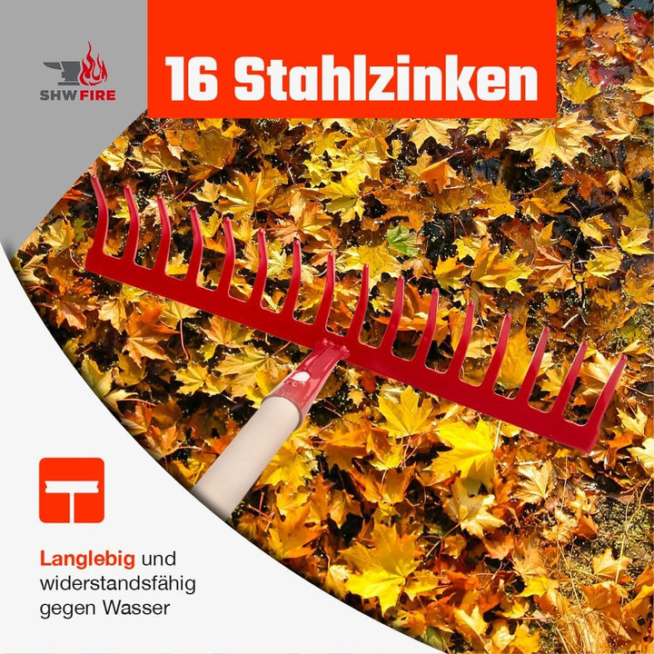 16-Zinken Gartenrechen mit 42 cm Rechenbreite – robuster Stahlrechen mit 150 cm Espenholzstiel, idea