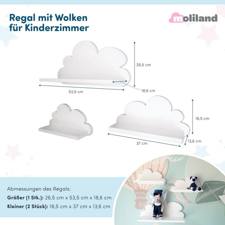 3er Set Wandregal Kinderzimmer Weiss | Babyzimmer Wolkenregal für Bücher, Spielzeug, Dekoration | Re