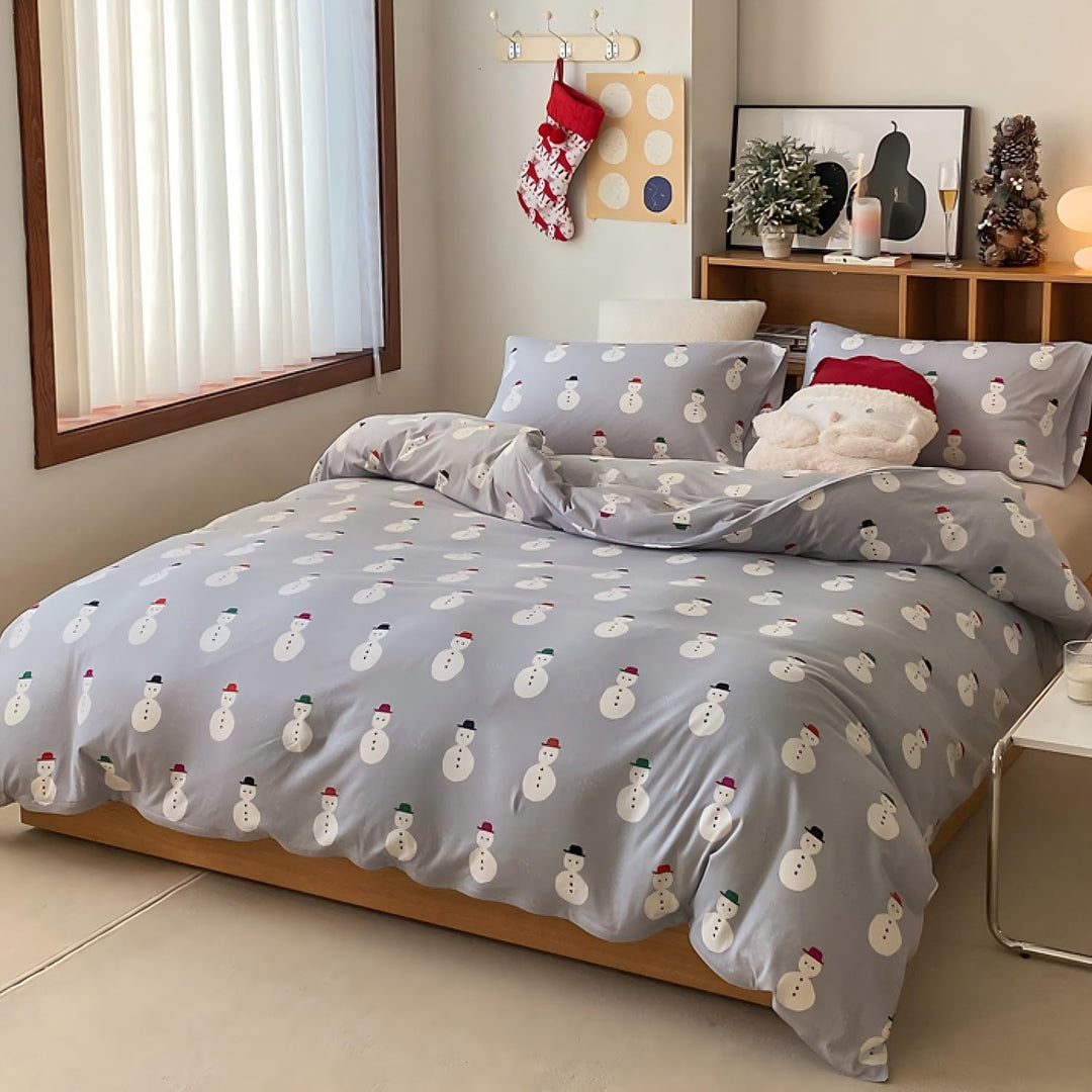 Freyamy Weihnachts Bettwäsche Set 135x200cm Grau Bunt Schneemann Bettwaren-Sets Junge Mädchen Weihna