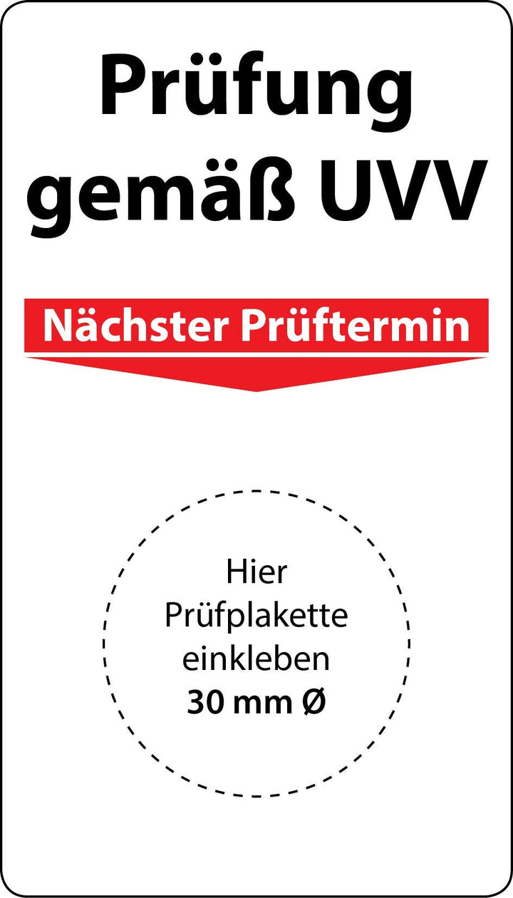 Grundplakette Prüfung gemäss UVV, 100 Stück, 70 x 40 mm, Vinylfolie, selbstklebend, Grundetikett für