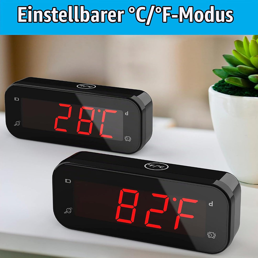 KWANWA Digitaler Reisewecker mit Temperaturanzeige – Batteriebetrieben, 3-stufige Helligkeit/Snooze/