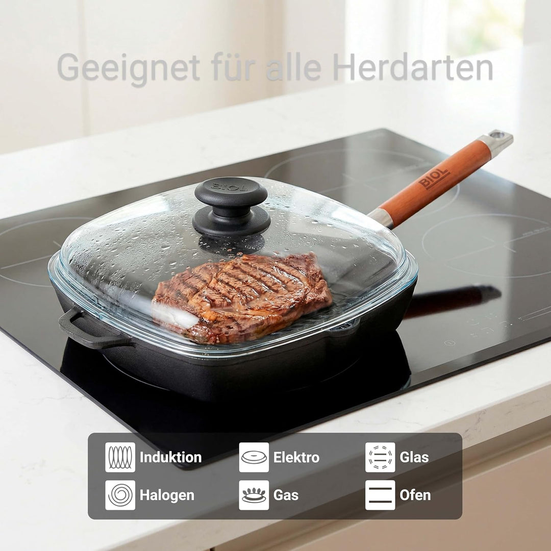 BIOL Quadratische Grillpfanne aus Gusseisen 26×26 cm – Für Induktion, Backofen & Grill (mit Glasdeck