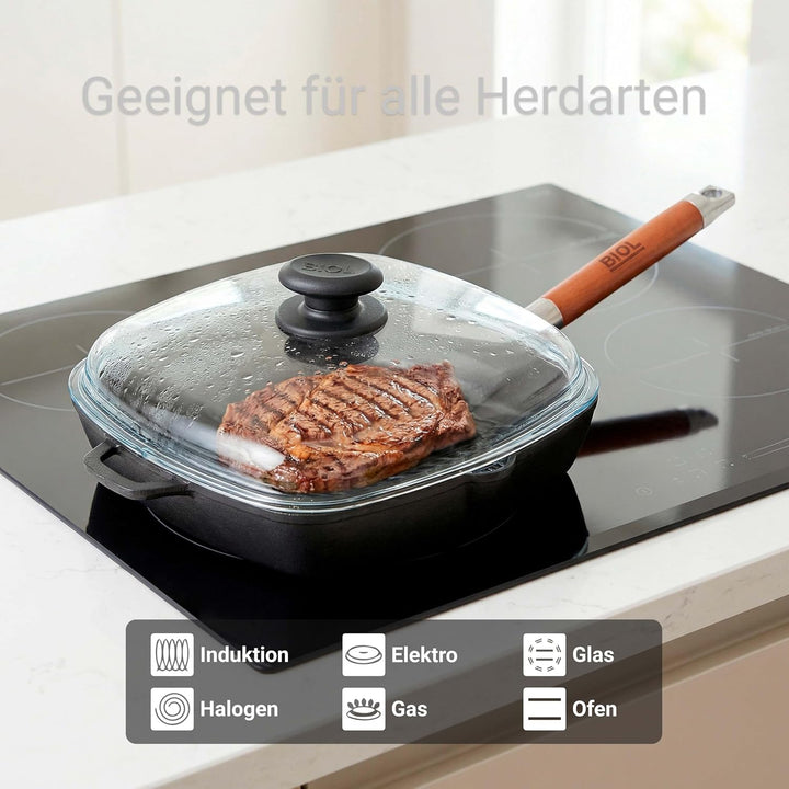 BIOL Quadratische Grillpfanne aus Gusseisen 26×26 cm – Für Induktion, Backofen & Grill (mit Glasdeck