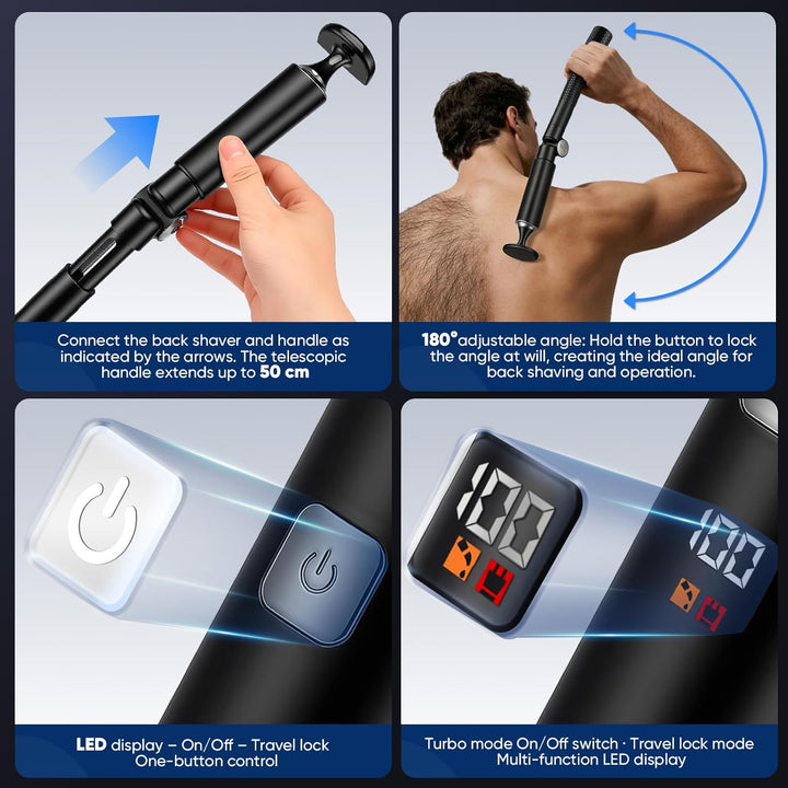 5 in 1 Bodygroom Herren Sets, Elektrisch Rückenrasierer Herren Mens mit Faltbarem Verlängerung Grif,