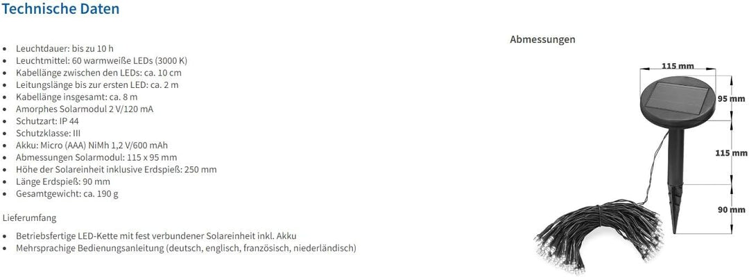 Esotec Solar Lichterkette, 6m, 60 LEDs, warmweiss, Zuleitung 2m, Akku, Solarmodul, Erdspiess, Aussen