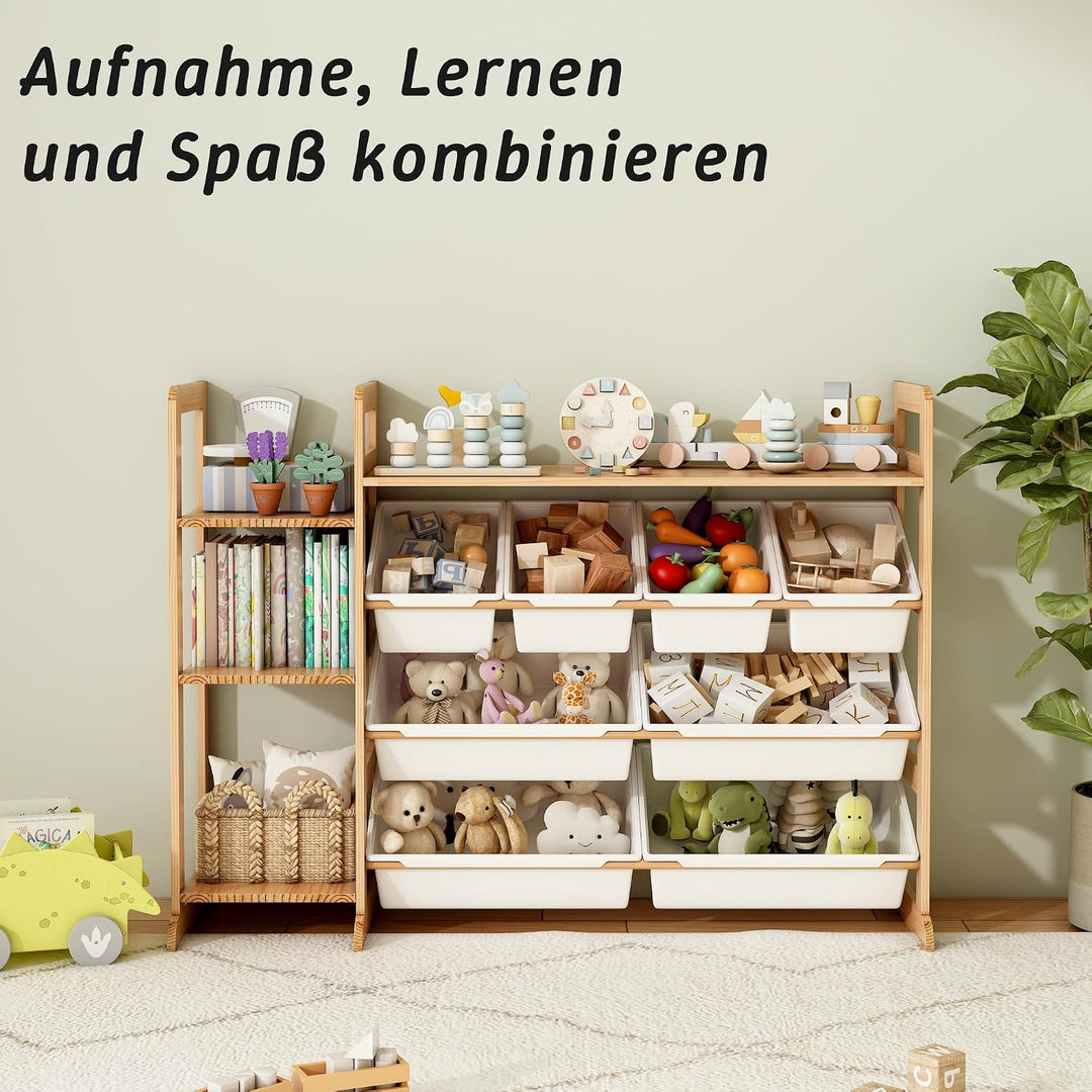 Spielzeug-Organizer mit 4 Regalen und 8 Behältern, Kinderschrank Holz Bücherregal für Kinder Aufbewa