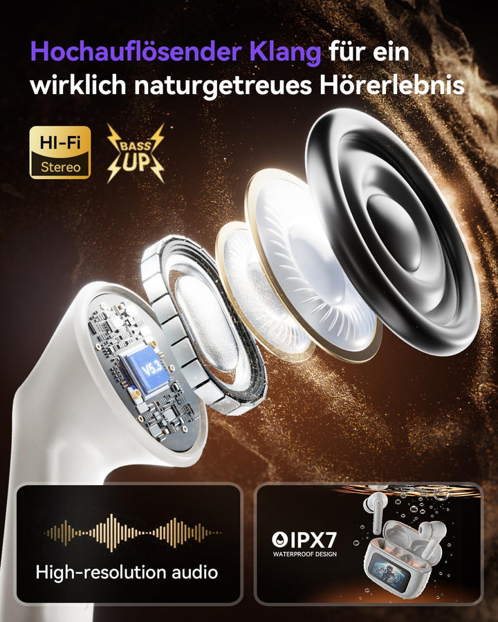 Kopfhörer Kabellos Bluetooth 5.4, In Ear Kopfhörer Bluetooth mit Touchscreen & 5 EQ Modi, Bluetooth