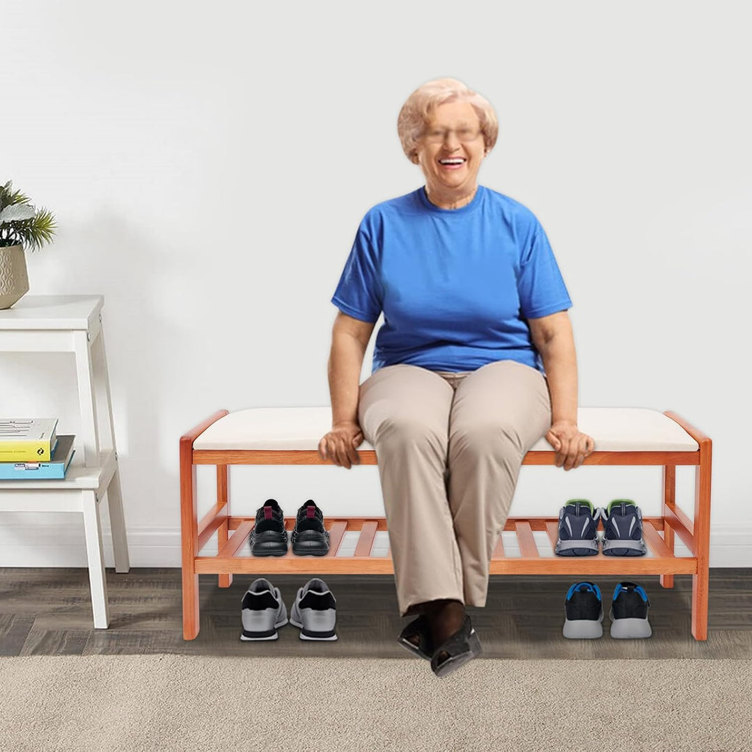 Rotbraune Schuhbank aus Gummiholz mit PU Sitzkissen freistehend | 100 mal 34 mal 42 cm Gesamtgrösse