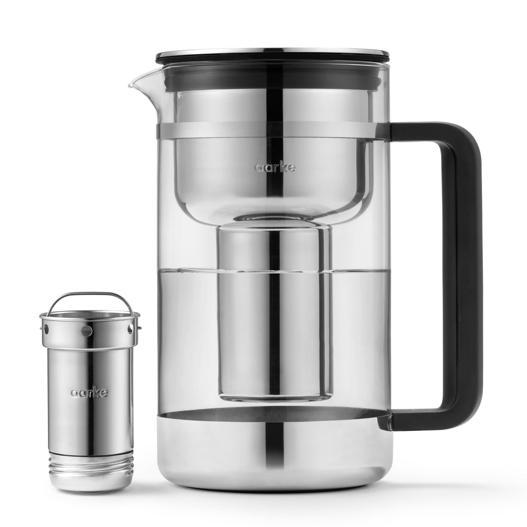 Aarke Purifier Large, Wasserfilterkanne aus Glas und Edelstahl, 1,7 l / 7 Tassen, inklusive Aarke Pu