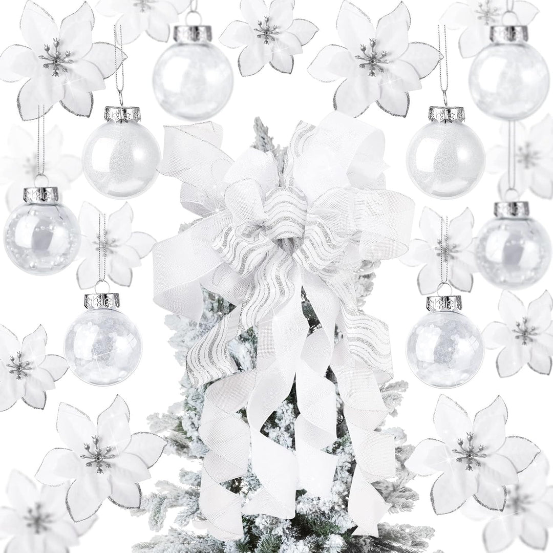 49 Stück Weihnachtsbaum Deko Set mit Weihnachtsbaumspitze 24 Stück Glitzer Weihnachten Blumen in 3 G
