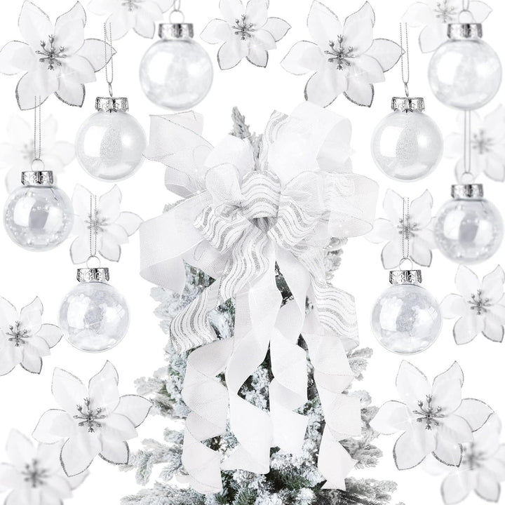 49 Stück Weihnachtsbaum Deko Set mit Weihnachtsbaumspitze 24 Stück Glitzer Weihnachten Blumen in 3 G