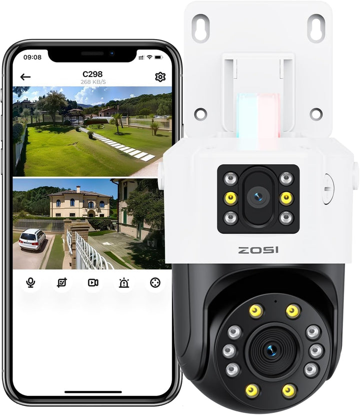 ZOSI 8MP PoE Doppelobjektiv Überwachungskamera (4MP+4MP), 360° Pan/Tilt Aussen Kamera, KI Personener