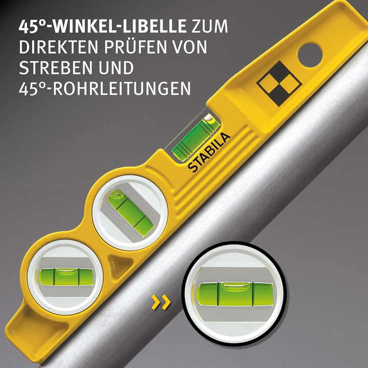 STABILA Magnet-Wasserwaage Type 81 SV REM W45 Torpedo mit Tasche, 25 cm, Alu-Gussprofil, Seltenerd-M